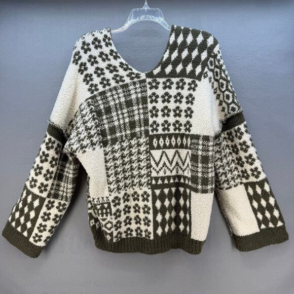 Pol Anthropologie Sweater Women's L Green Cream Loose Weave Oversized Preppy - Picture 2 of 11